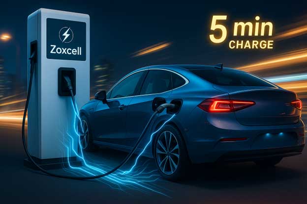 Electric vehicle charging at a Zoxcell supercapacitor station with ultra-fast charging technology and glowing energy effects.