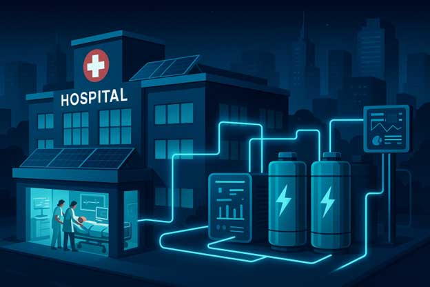 Modern hospital with Zoxcell ultracapacitor backup systems providing uninterrupted power during an outage, featuring solar integration and real-time energy monitoring.
