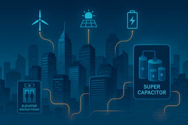 Illustration of a smart city using compact super capacitor energy systems by Zoxcell for backup and sustainable power solutions.
