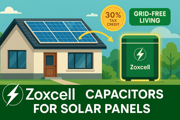 Modern house using Zoxcell supercapacitor for solar panel energy storage with fast-charging and tax incentive highlights.